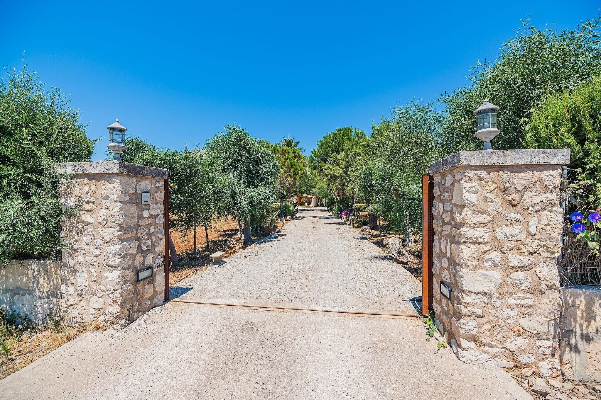 A pathway leading through a garden with stone walls and trees.