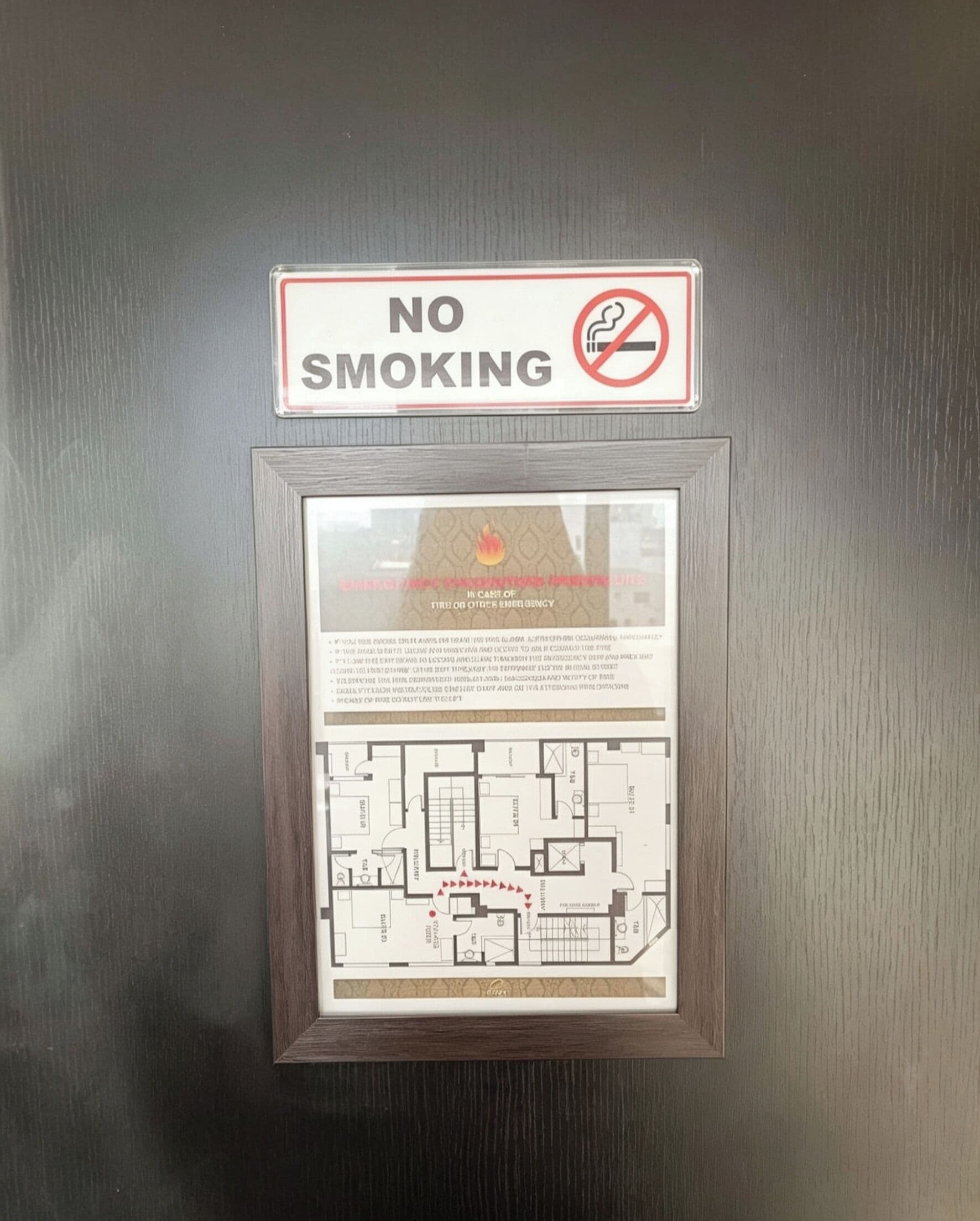 Un cartel de 'NO FUMAR' sobre un aviso de seguridad contra incendios y un plano.