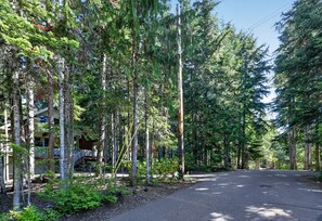Une route bordée de grands arbres et un bâtiment doté d’un balcon.