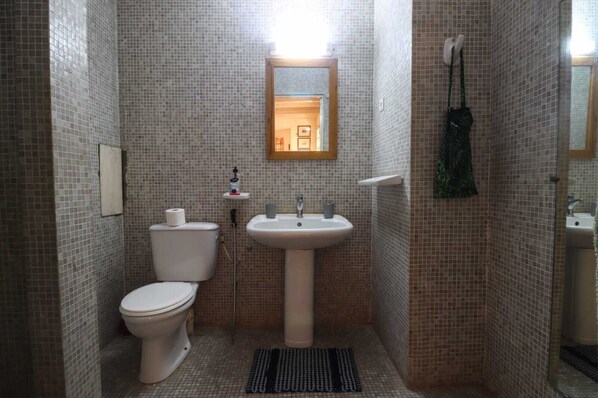 A small bathroom with a toilet, sink, and mirror.