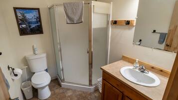 Hair dryer, towels, soap, shampoo