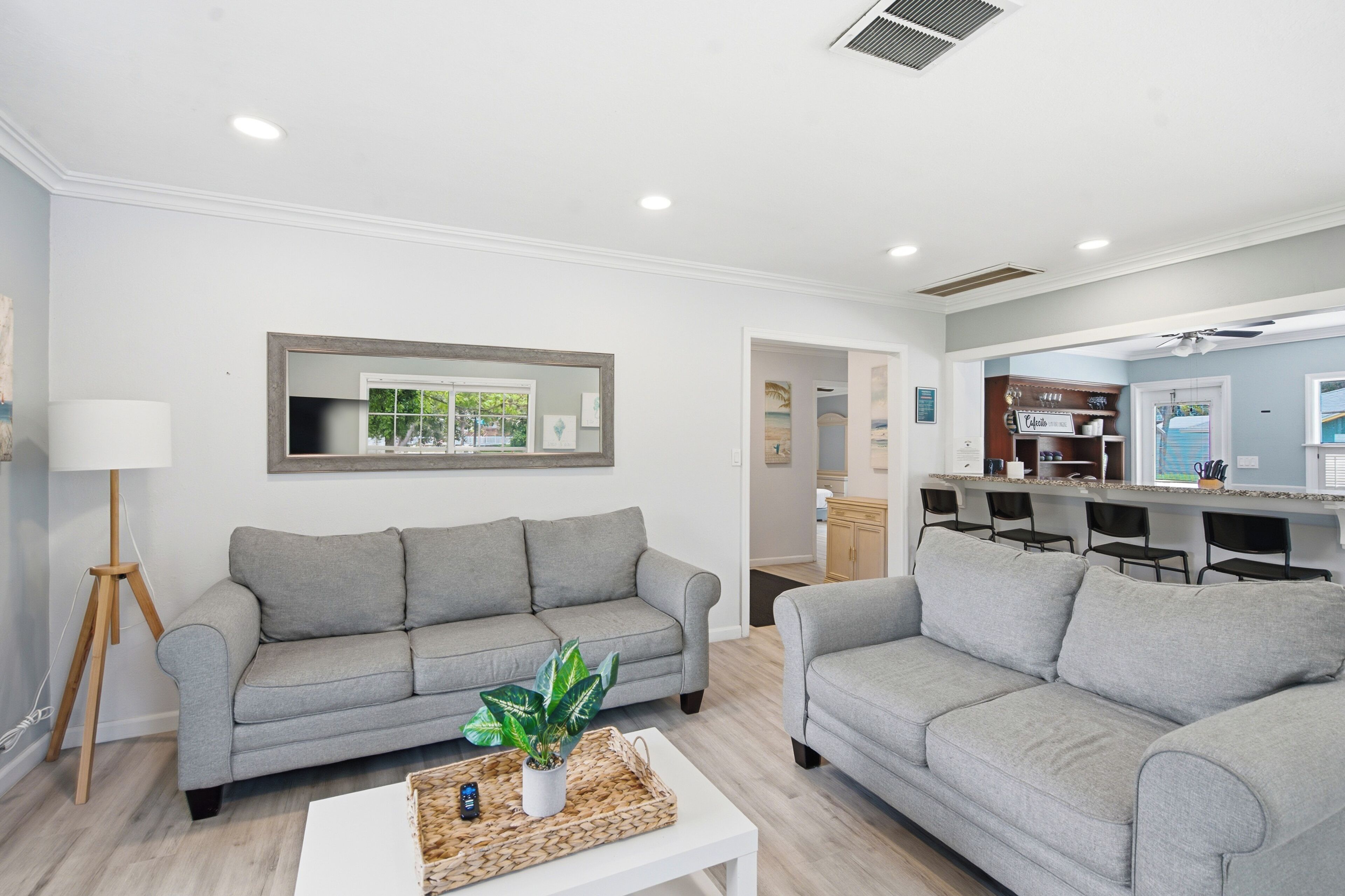 A modern living room with two grey sofas, a coffee table with a plant, and a dining area with a bar counter and chairs.