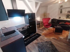 Living area - 43-square-meter ground-floor apartment with a terrace and a relaxing garden with access to the river (Baden-Baden Lichtental)
