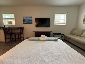 A bedroom with a bed, a television, a desk, and a couch. - Charming 3-bedroom house in fantastic Bar Harbor w/ AC, art, private studio (Bar Harbor)