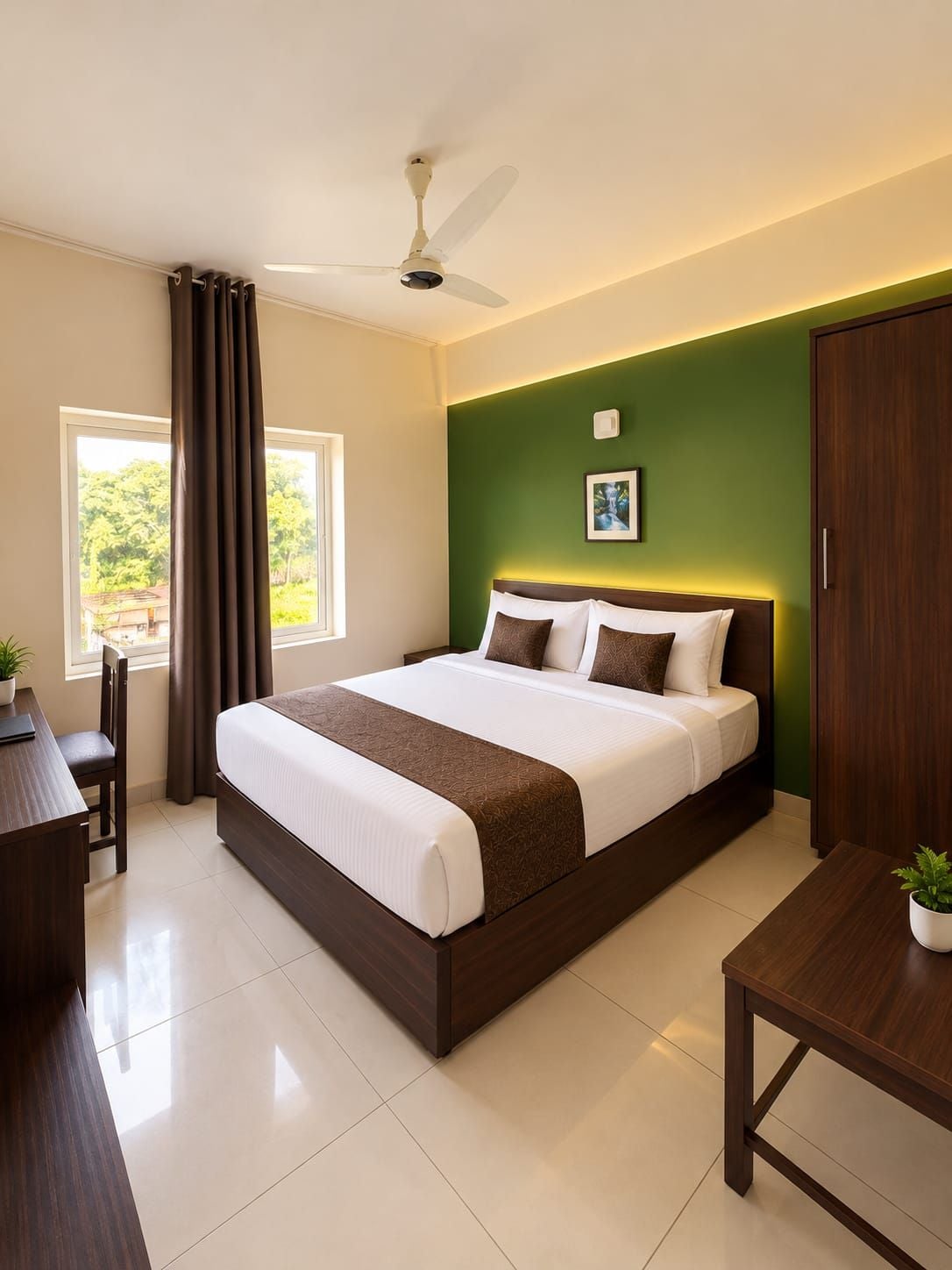 Habitación de hotel con cama, escritorio, silla, ventilador de techo y ventana con cortinas.