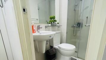 Shower, hair dryer, bidet, towels