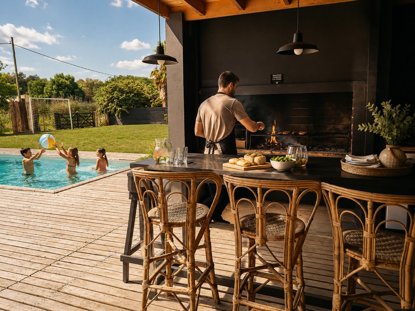 An outdoor dining area with a pool, a grill, and a wooden deck.