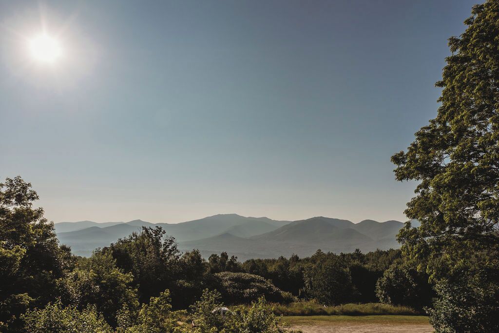 A landscape with a clear sky, distant mountains, and dense greenery.