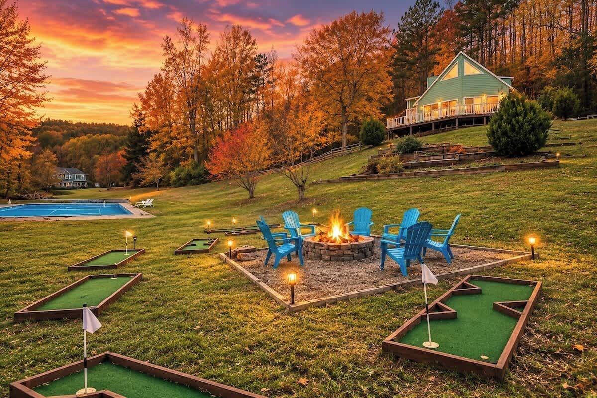 A cozy outdoor area with a fire pit, lawn chairs, and mini-golf holes.