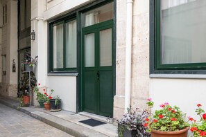 A building with green double doors, a visible entrance, and potted plants on the ground. - Designer studio between the Opéra and Vendôme (Paris)