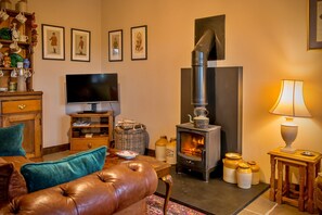 A cozy living room with a fireplace, a television, and a comfortable sofa. - Holiday Cottage in Llangadog (Llangadog)