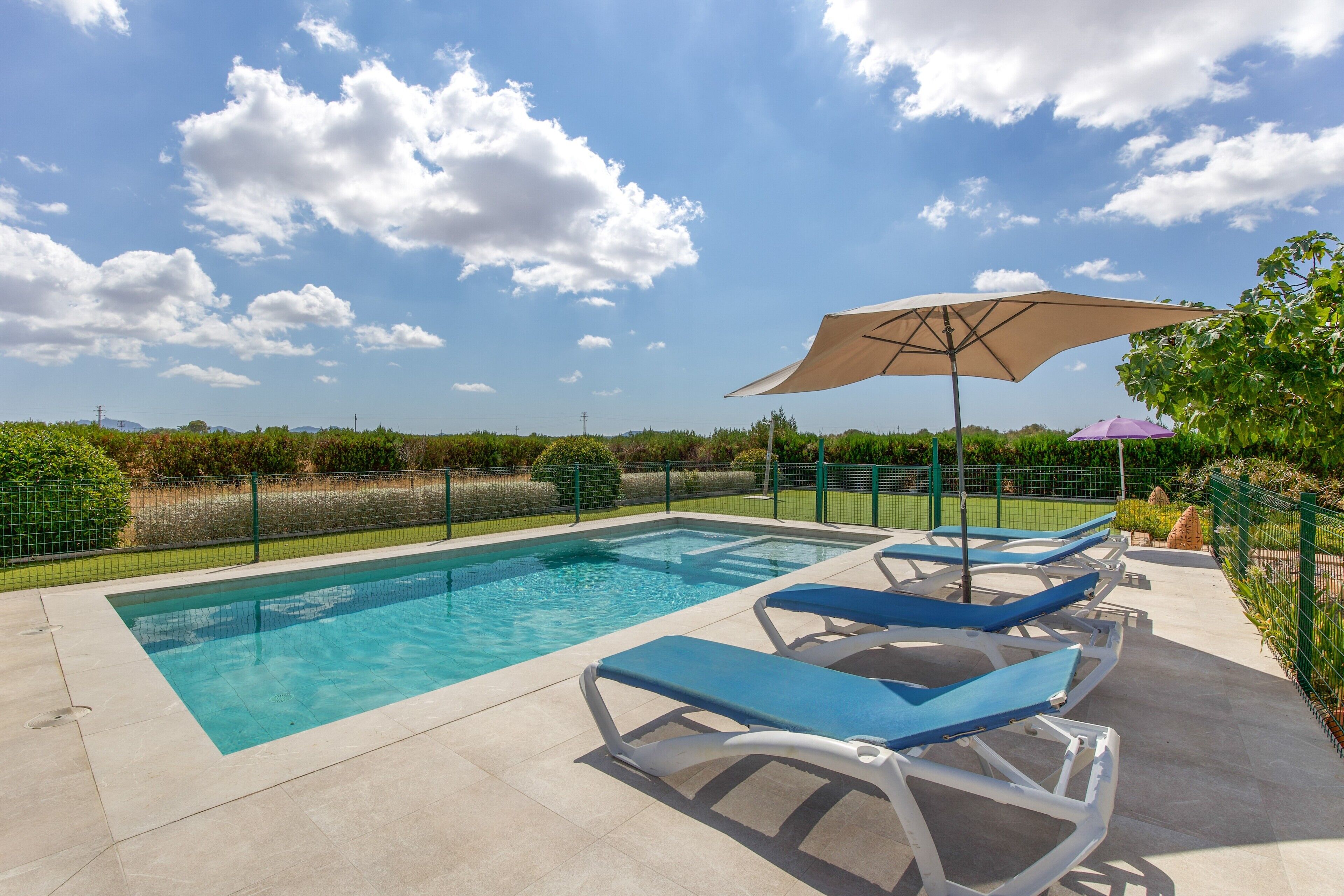 Une piscine entourée d’une clôture et de verdure, avec des chaises longues et des parasols.