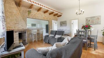 Una sala de estar con chimenea, un sofá, un televisor y un comedor.