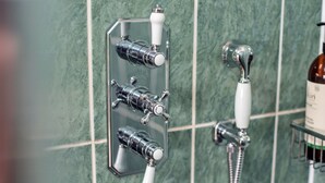 A bathroom with a wall-mounted shower control panel and a handheld showerhead. - Rustic Romantic Cottage in Llangadog (Llangadog)