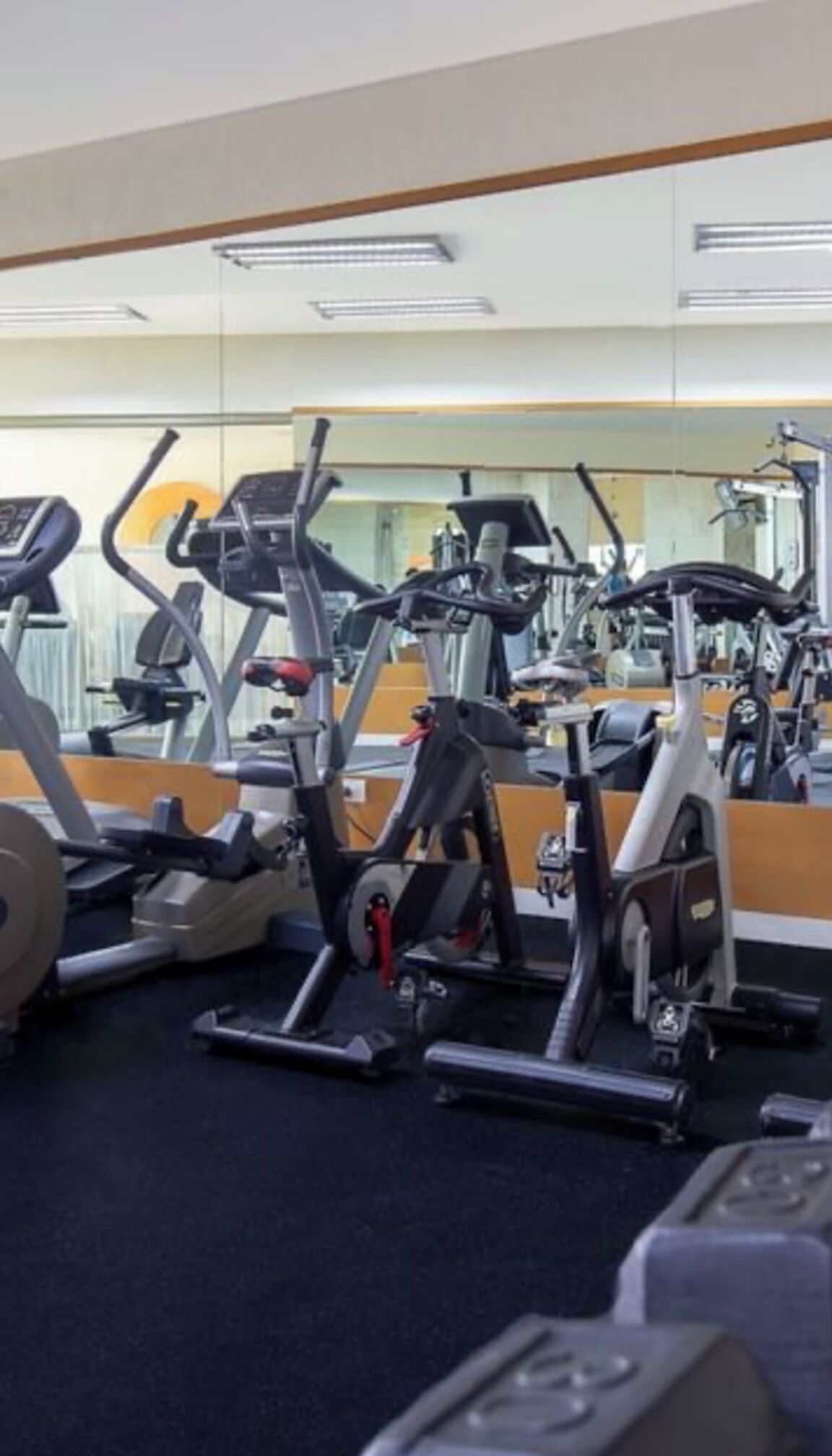 Un gimnasio con varias máquinas de ejercicio, incluyendo cintas de correr y bicicletas estáticas, dispuestas en filas.