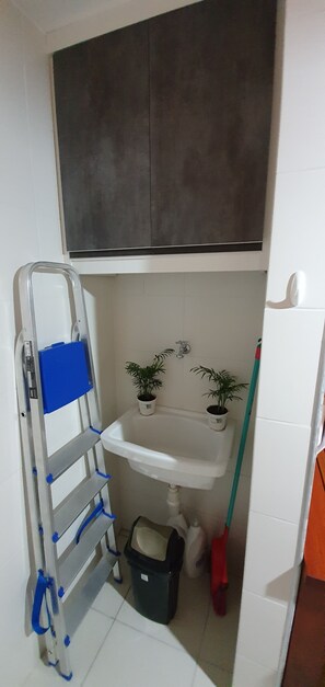 Une salle de bain avec un lavabo blanc, deux plantes en pot, une échelle en métal, une poubelle et un balai.