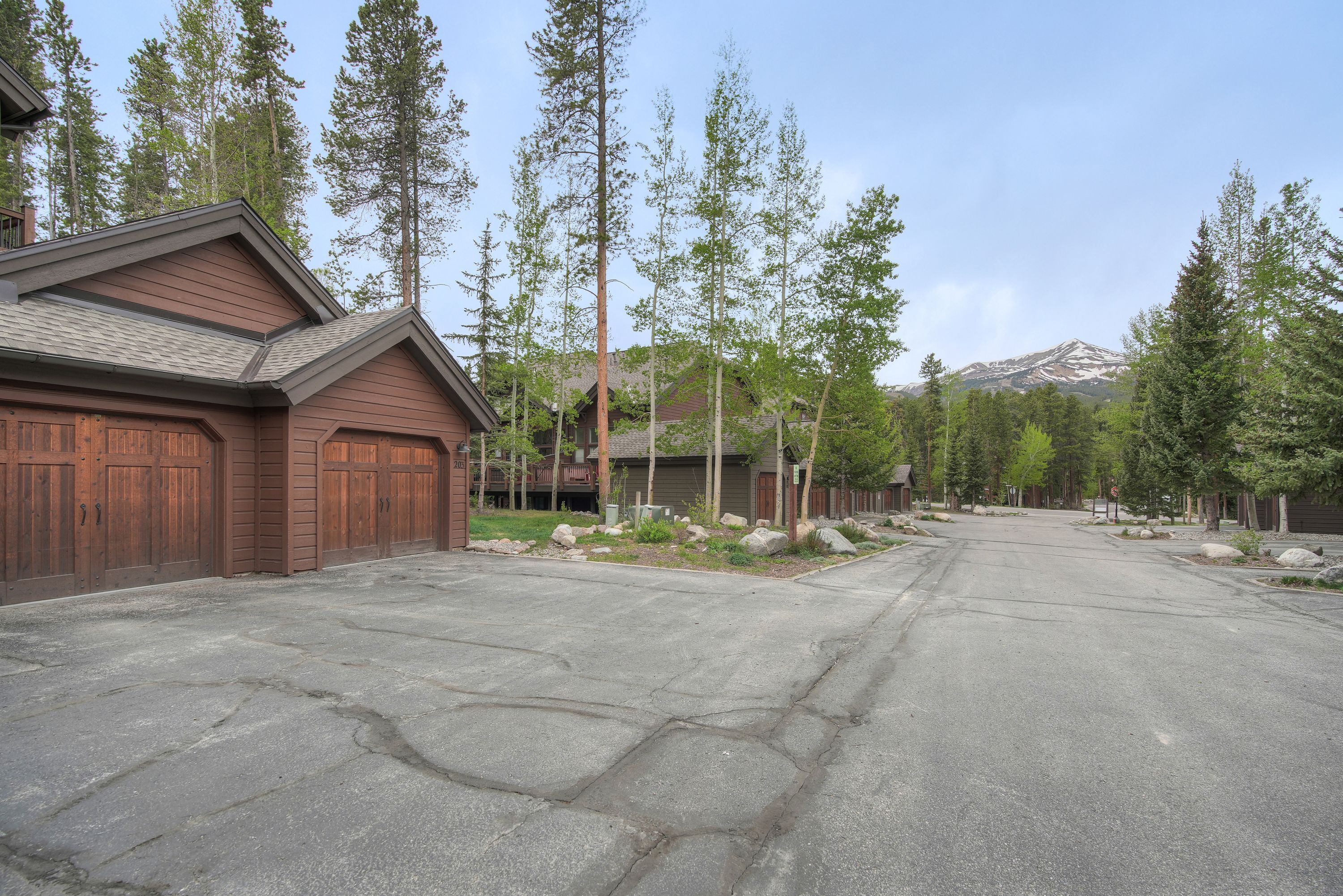 A residential street with wooden houses, a driveway, and a mountain in the background.