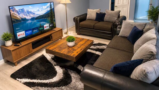 Ein modernes Wohnzimmer mit Fernseher, einer Ledersofa, einem Couchtisch und einer Topfpflanze.