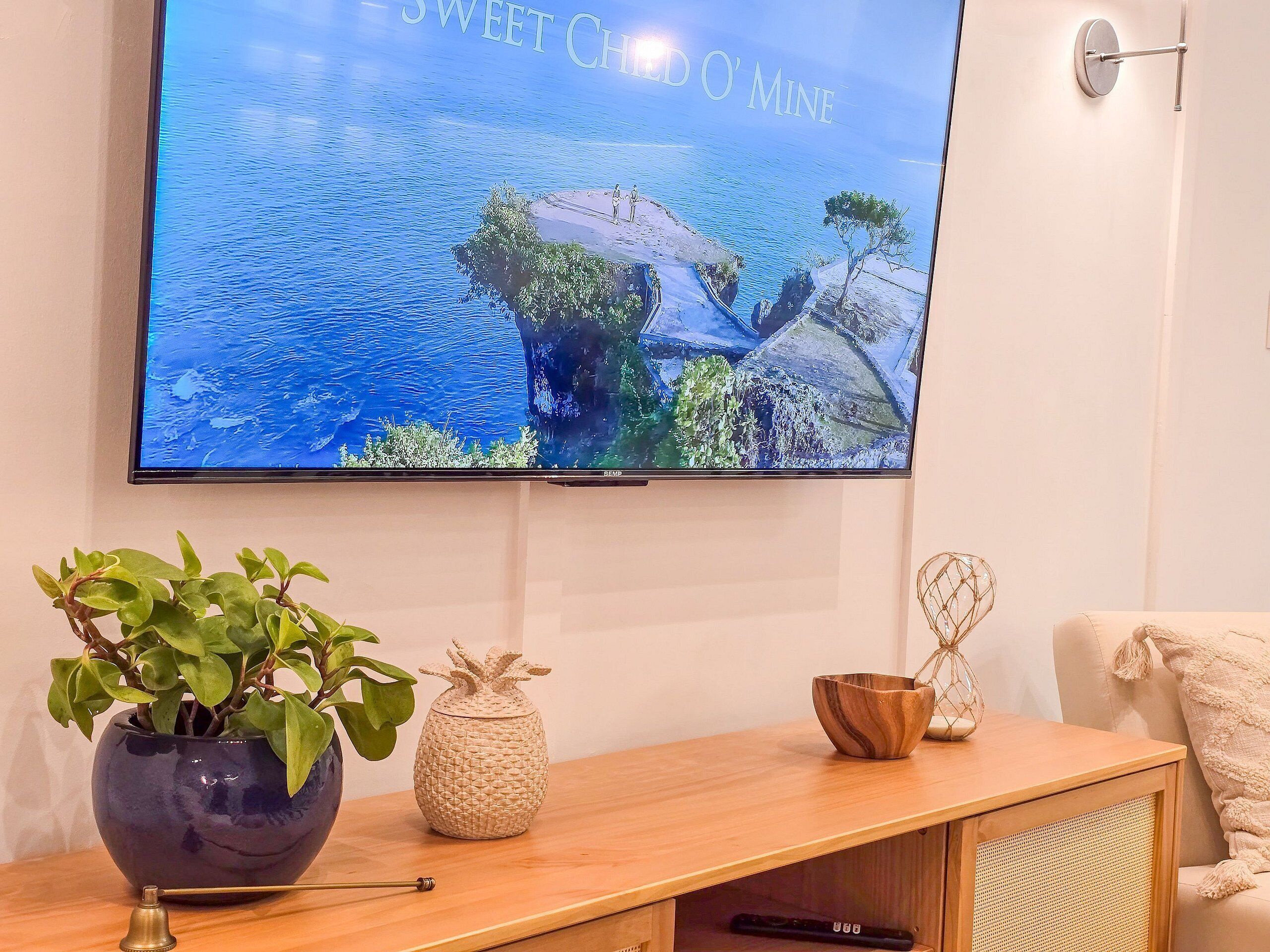 A television mounted on a wall displaying a scenic landscape.
