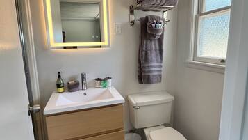Shower, hair dryer, towels, soap