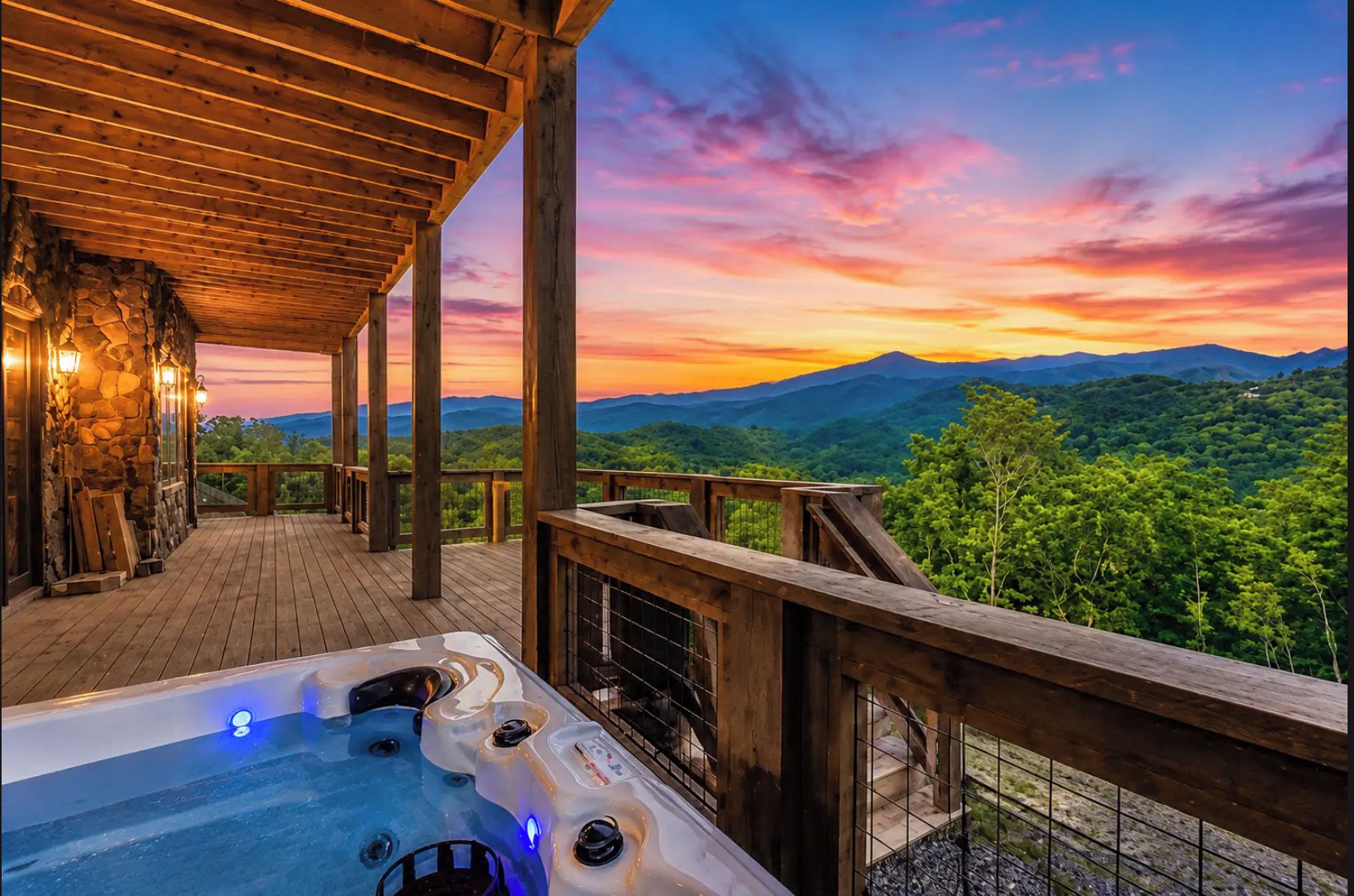 Private hot tub deck with stunning mountain sunset views
