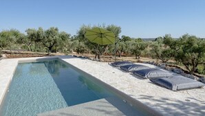 A swimming pool with a green umbrella, surrounded by olive trees and a clear sky. - A charming trulli complex wit pool and 2000sqm of land planted with olive trees; it hosts 6 guests with 3 independent sleeping areas and 3 bathrooms. Located just 3 km from Alberobello and midway between the Adriatic and Ionian coasts, in the countryside (Martina Franca)