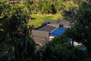 Un edificio con techo de paneles solares, rodeado de abundante vegetación.