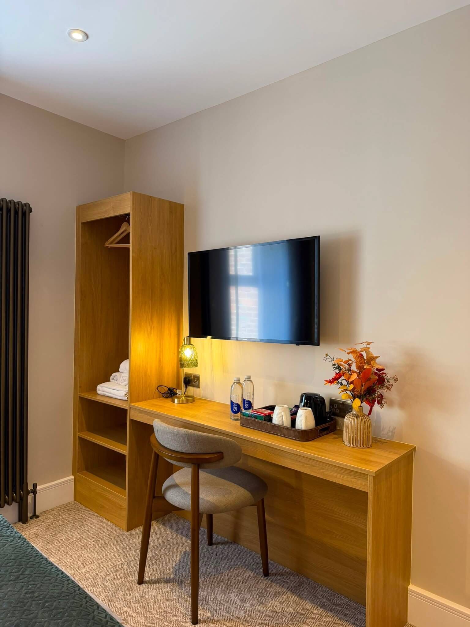 A hotel room with a wooden desk, a television mounted on the wall, a chair, a radiator, and a small plant.