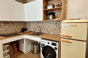 Eine kompakte Küche mit Waschmaschine, Spüle und Kühlschrank.