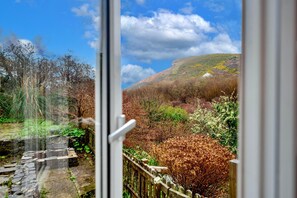 Blick durch ein Fenster auf einen Kiesweg, der zu einem Holenzaun führt, mit einem Hügel und Bäumen im Hintergrund.