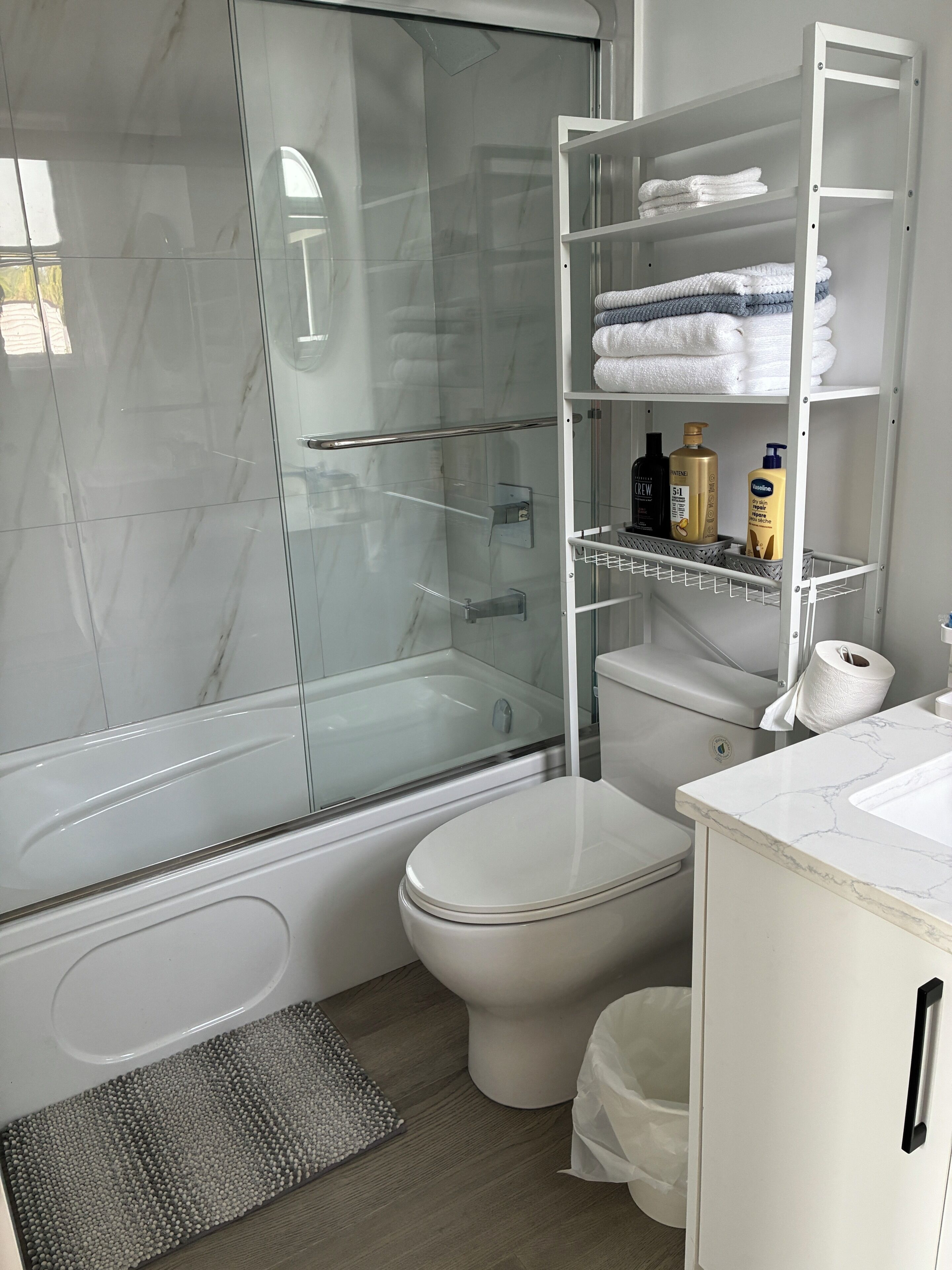 Hair dryer, towels, soap, shampoo