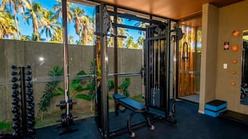 Uma academia com equipamentos de musculação, um banco e uma parede com palmeiras.