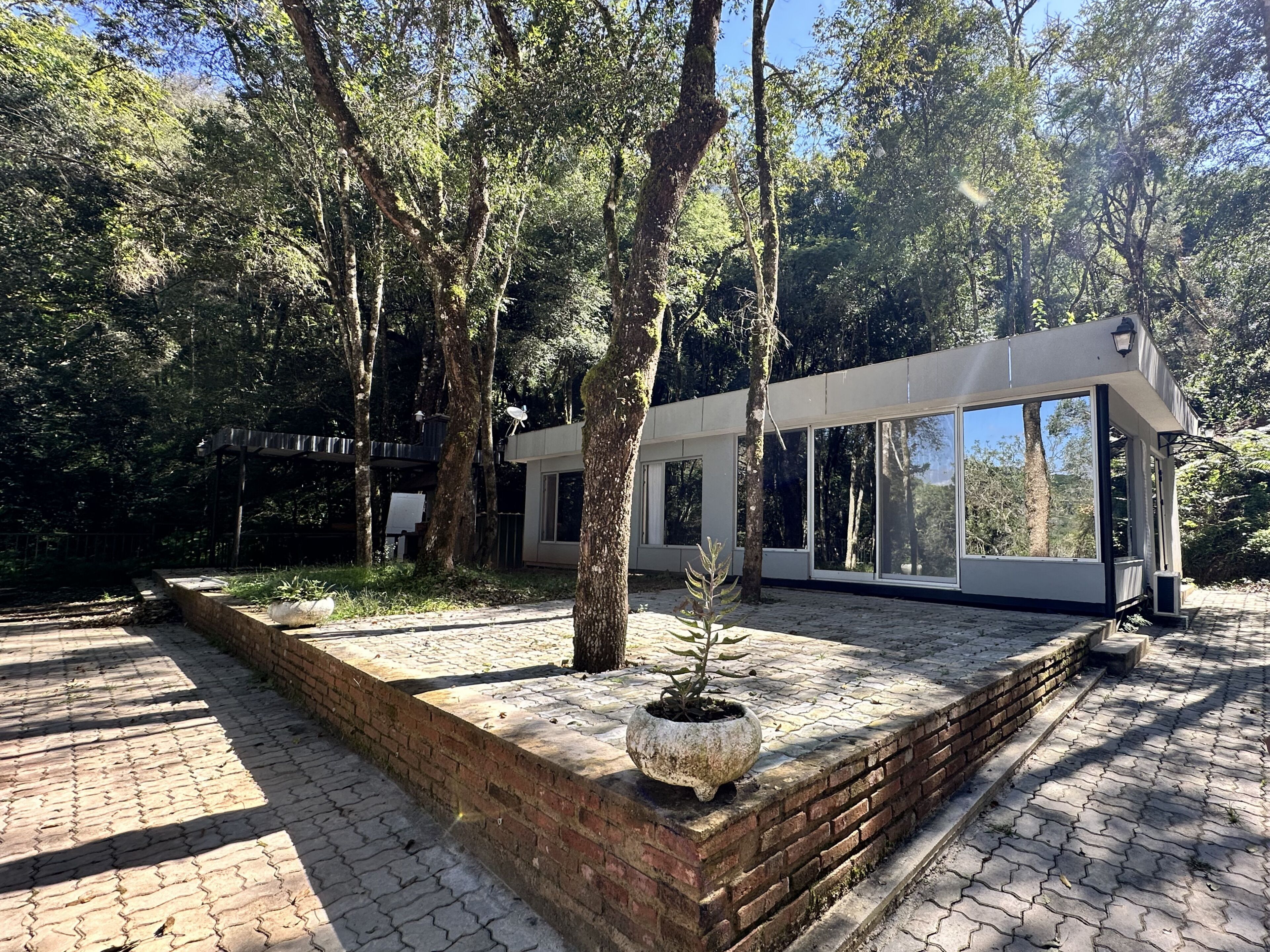 Un edificio moderno con grandes ventanales, rodeado de árboles.