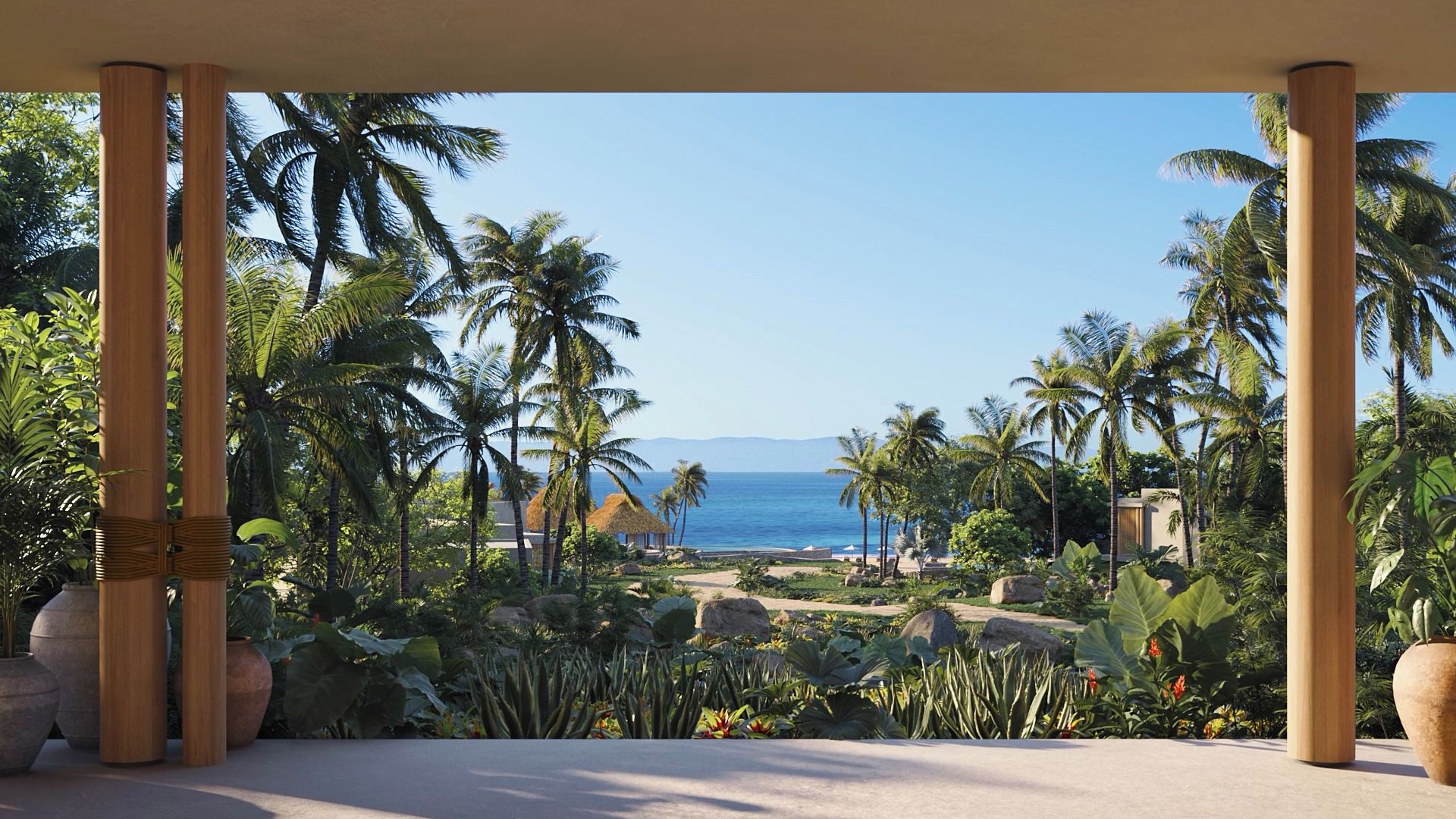 A tropical resort with a view of the ocean, palm trees, and a thatched-roof hut.