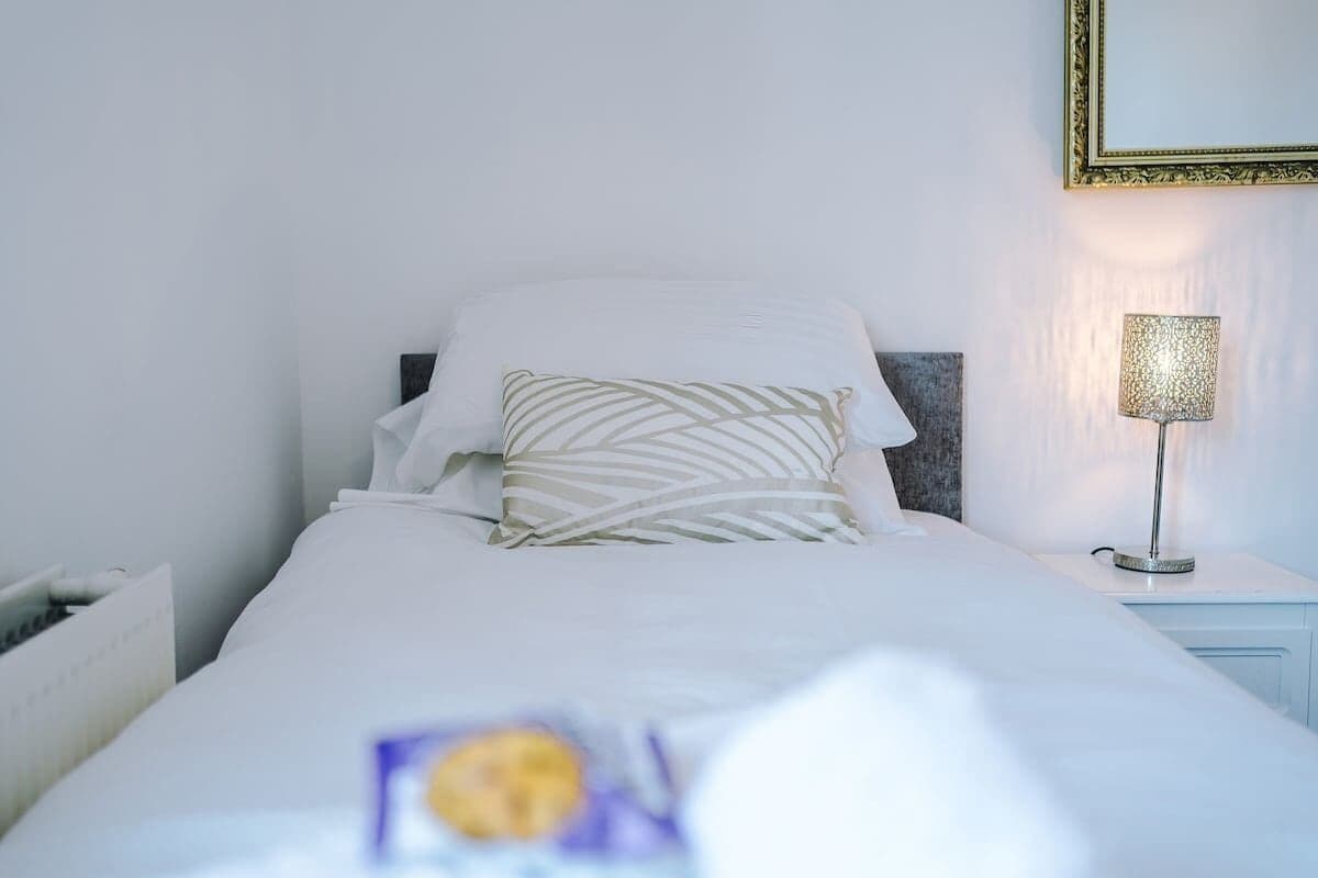 A neatly made bed with white linens and a patterned pillow, a bedside lamp, and a framed picture on the wall.