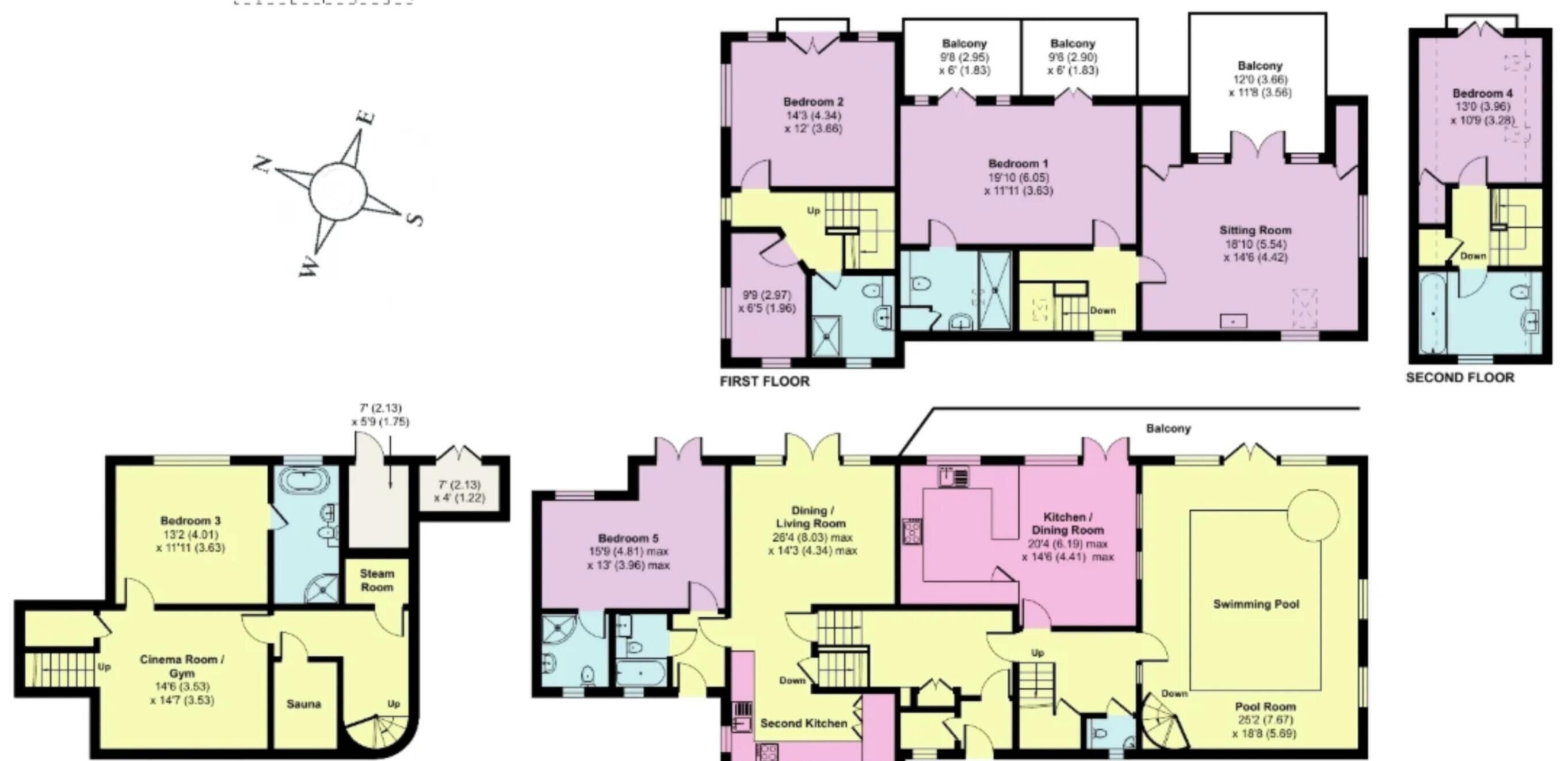 Een plattegrond van een hotel met meerdere slaapkamers, een eetkamer, een woonkamer, een keuken, een bioscoopzaal, een sauna en een zwembad.