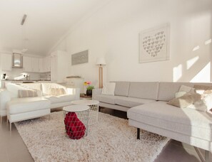 A modern living room with a sofa, a coffee table, and a rug. - Villa With Panoramic Water Views (Makkum)