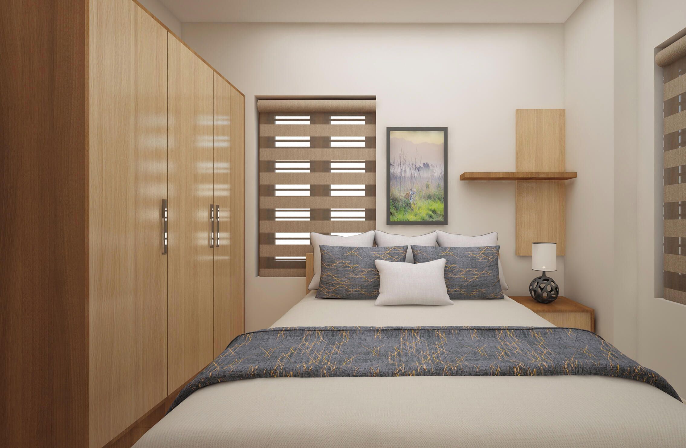 A bedroom with a large wardrobe, a bed with multiple pillows, a nightstand with a lamp, and a wall-mounted shelf.