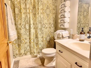 Hair dryer, towels, soap, shampoo
