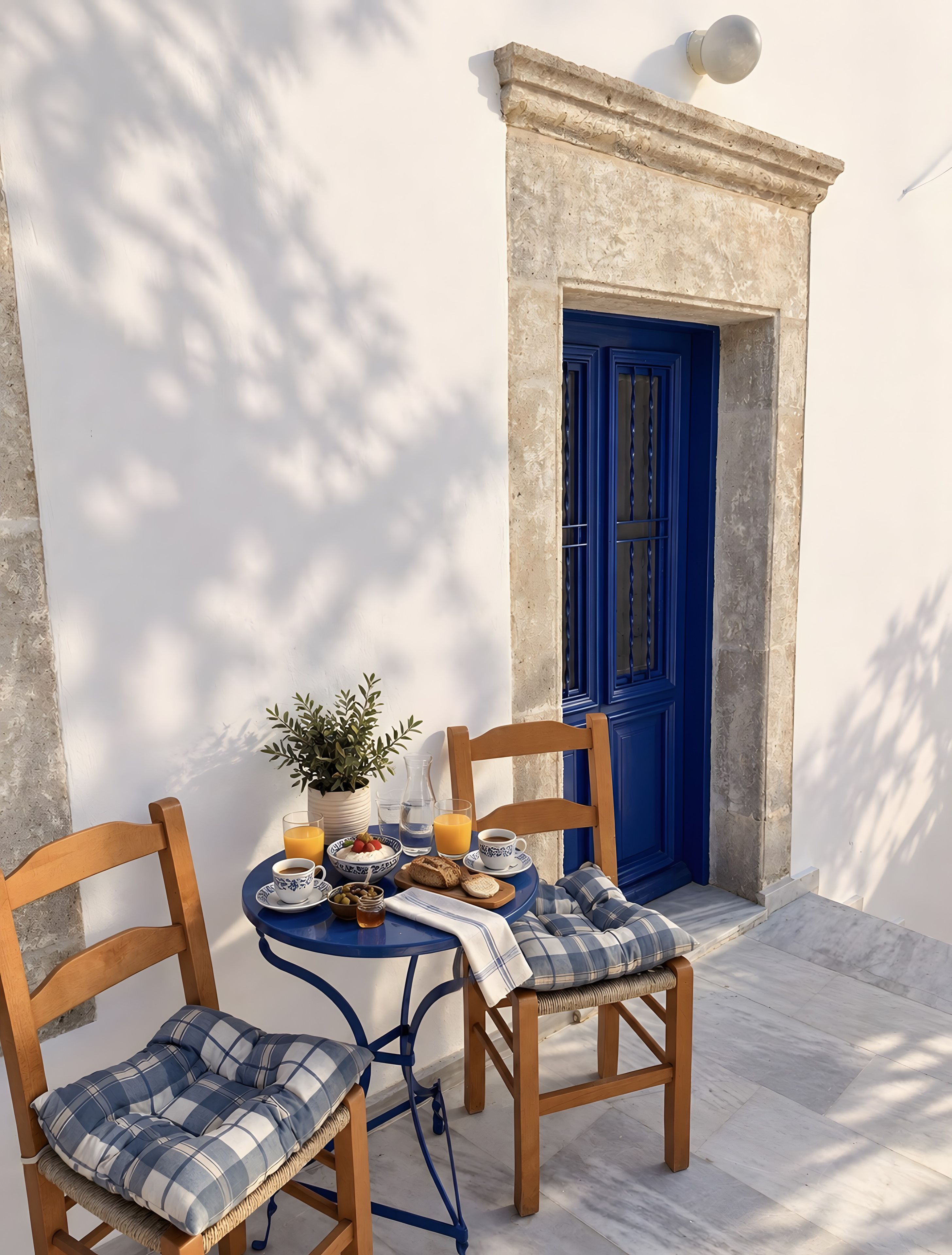 A table with chairs, a blue door, and a potted plant.