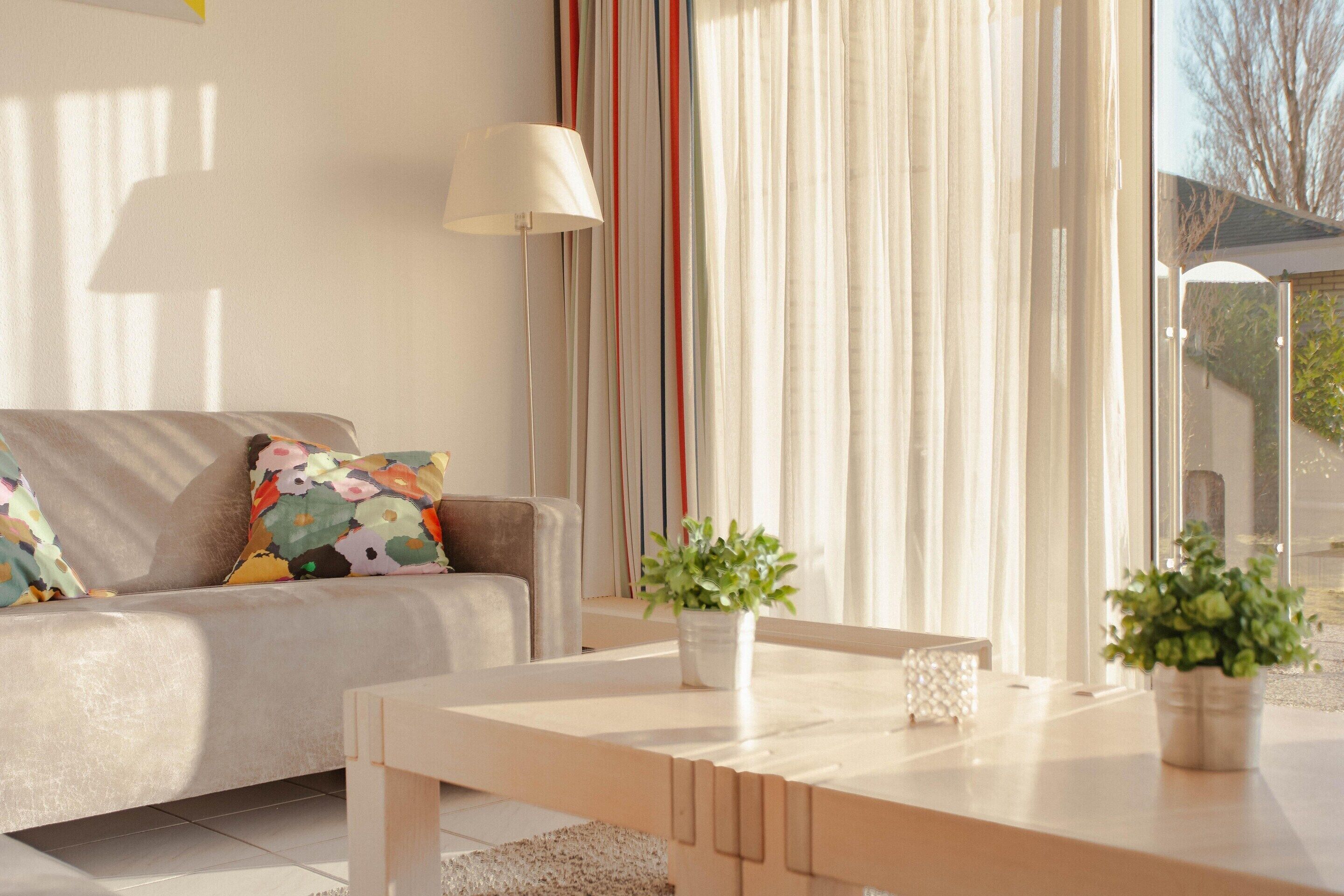 Una sala de estar moderna con un sofá, una mesa de centro y una planta en maceta.