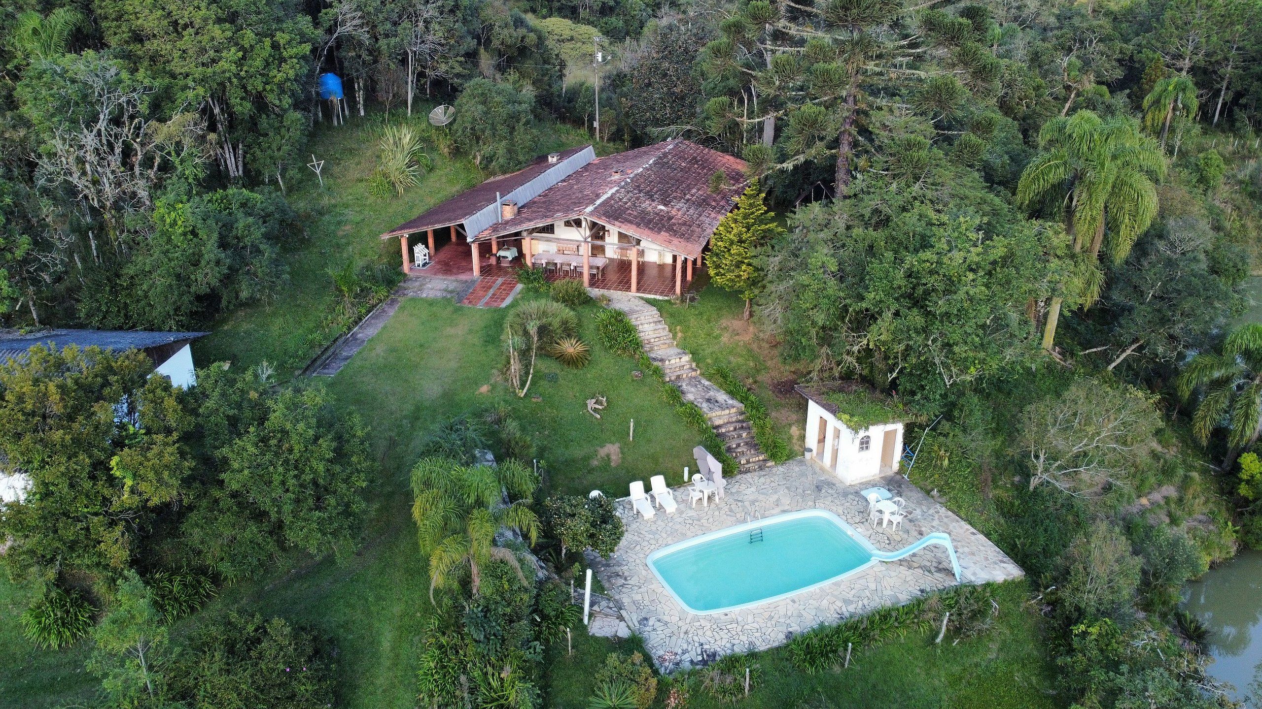 A house with a swimming pool surrounded by lush greenery.