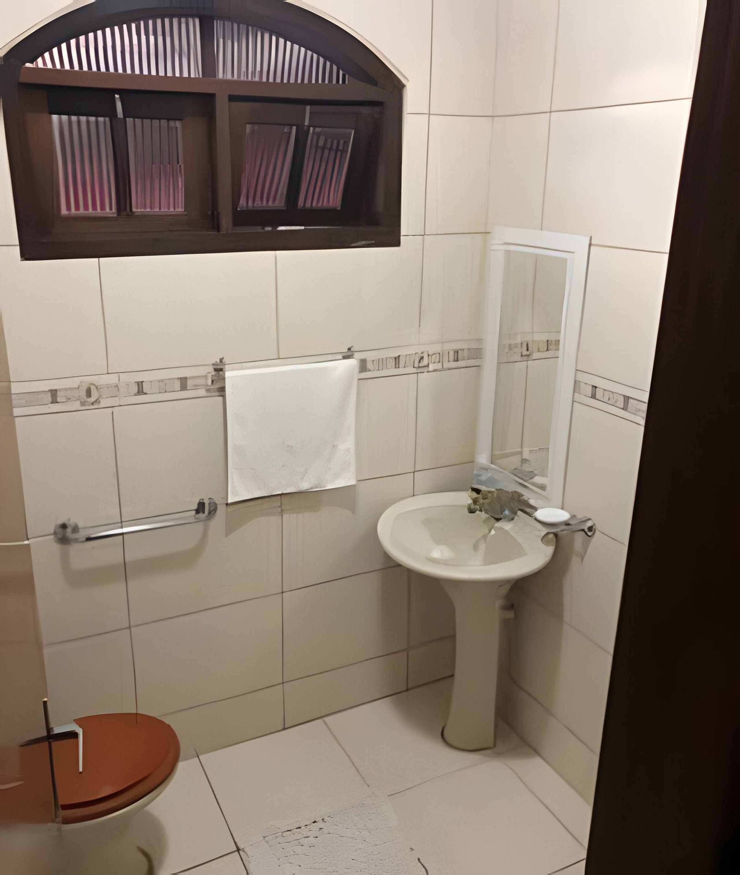 Une salle de bain avec des toilettes, un lavabo et un miroir.
