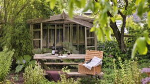 A wooden gazebo with a bench and picnic table, surrounded by lush greenery and plants. - Cottage in Heart of the Eden Valley (Penrith)