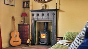 A cozy living room with a fireplace, a guitar, a lamp, and a bookshelf. - Cottage in Heart of the Eden Valley (Penrith)