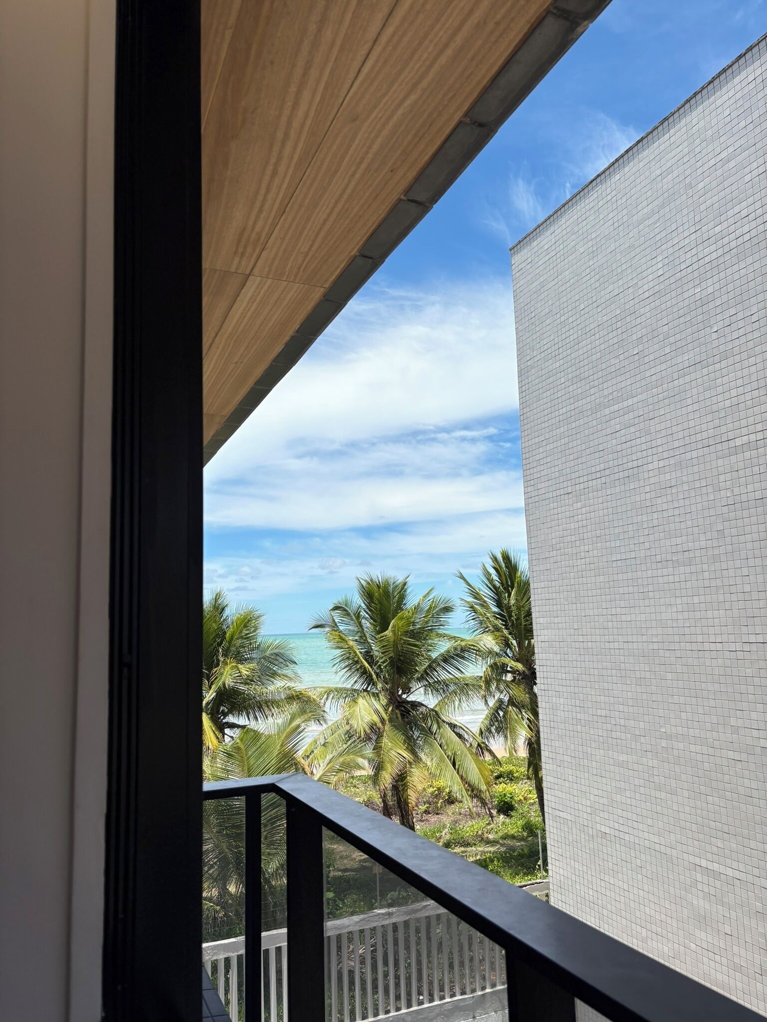 A balcony with a view of palm trees and the ocean.