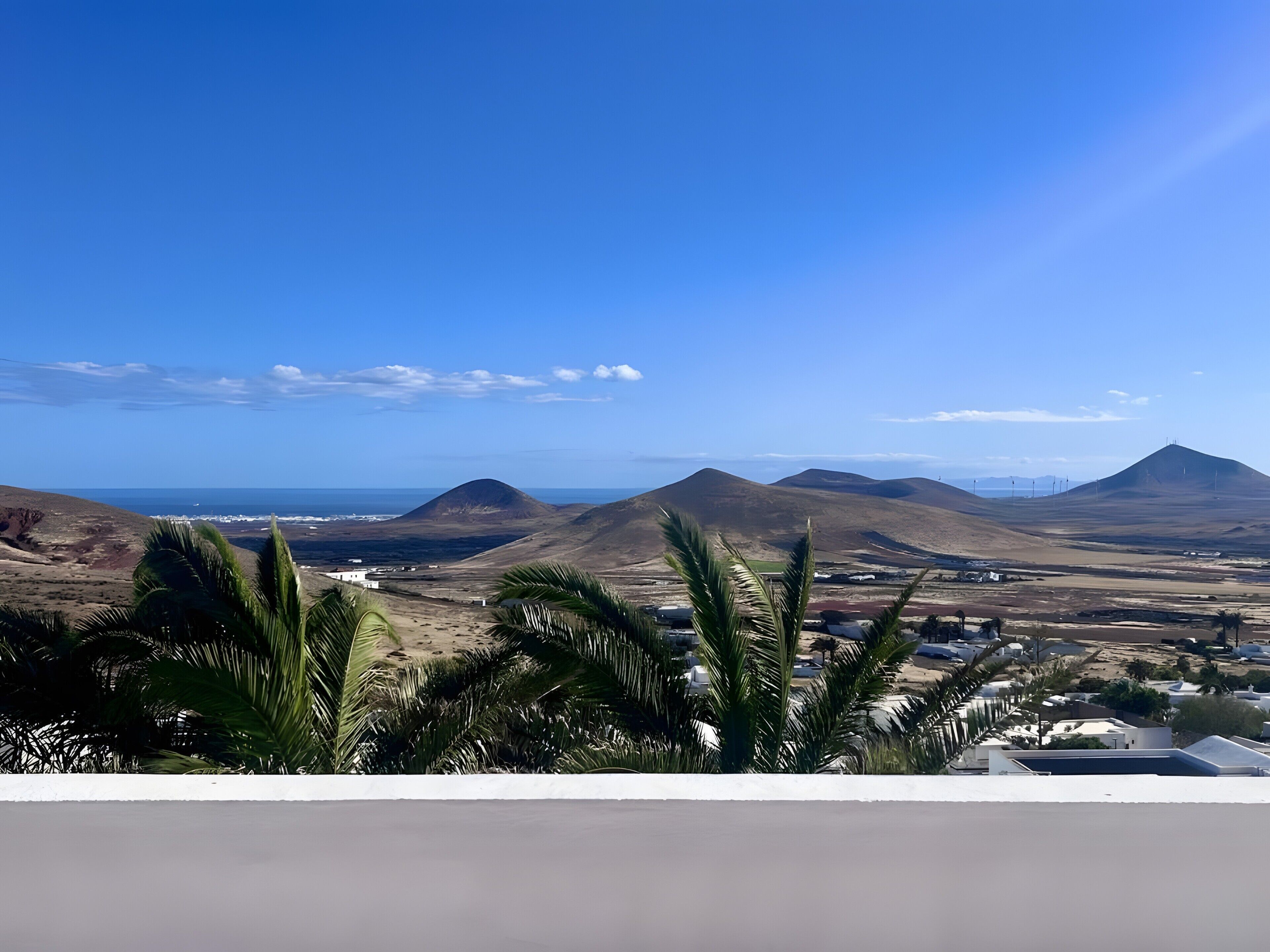 A coastal landscape with mountains, palm trees, and a clear sky.