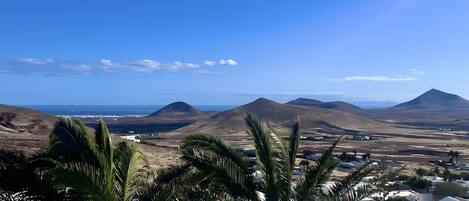 A coastal landscape with mountains, palm trees, and a clear sky.