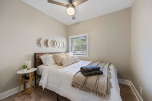 1 bedroom, desk, iron/ironing board, travel cot