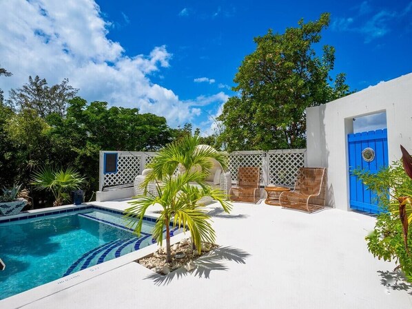 Ein Poolbereich mit Palme, Liegestühlen und einer blauen Tür.